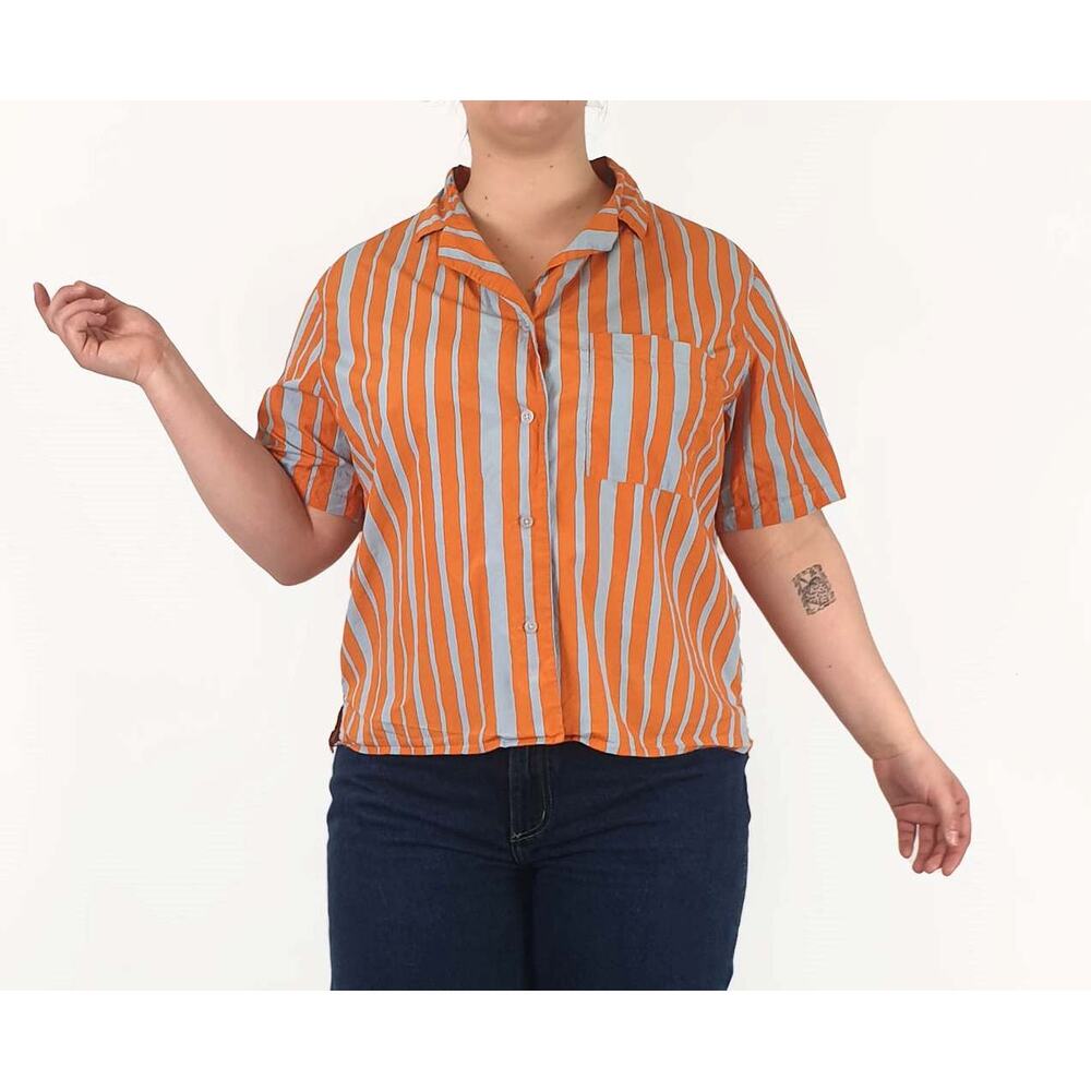Marimekko + Uniqlo Short Sleeve Collared Striped‎ Shirt Orange Womens Size XS